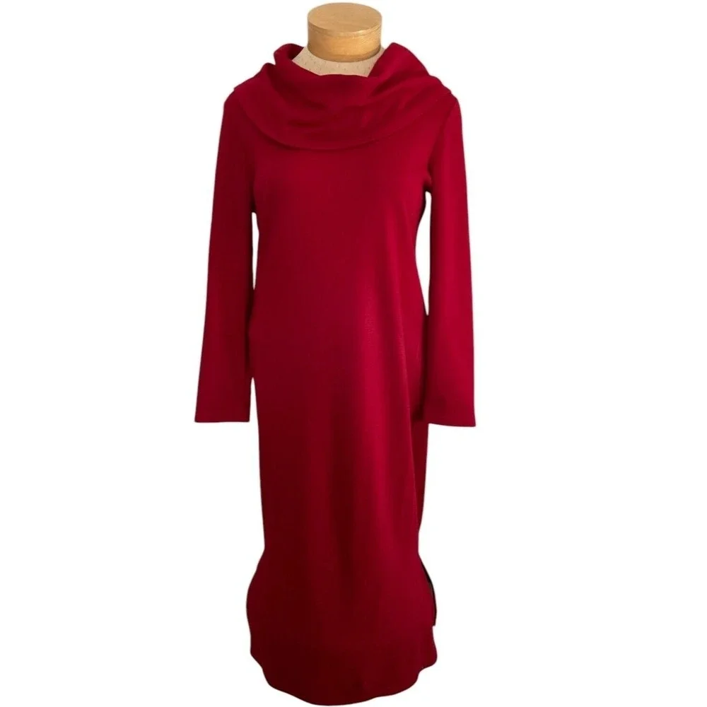 Nina Leonard Womens Red Cowl Neck Long Sleeve Knit Sweater Midi Dress Size L